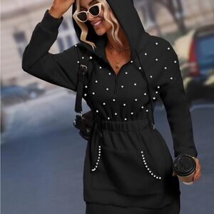 Chic Black Hoodie Dress with Pearl Dots